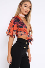 Rust Floral Print Satin Tie Crop Top - Kynslee-Crop Tops
