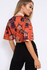 Rust Floral Print Satin Tie Crop Top - Kynslee-Crop Tops