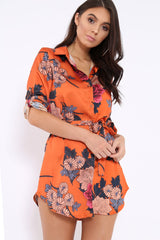 Rust Floral Satin Shirt Tie Dress - Sophina-Dresses