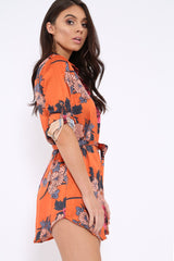 Rust Floral Satin Shirt Tie Dress - Sophina-Dresses