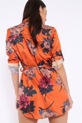 Rust Floral Satin Shirt Tie Dress - Sophina-Dresses