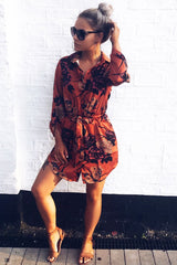 Rust Floral Satin Shirt Tie Dress - Sophina-Dresses