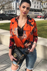 Rust Flower Print Plunge Satin Bodysuit - Madelynn-Bodysuits