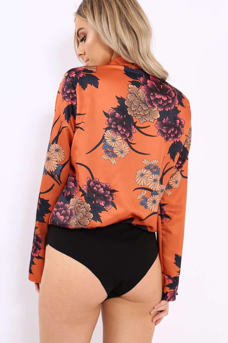 Rust Flower Print Plunge Satin Bodysuit - Madelynn-Bodysuits