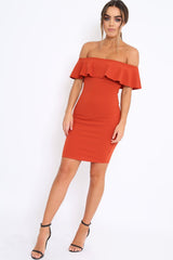Rust Frill Bardot Midi Dress - Bridget-Dresses
