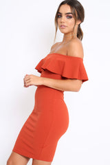 Rust Frill Bardot Midi Dress - Bridget-Dresses