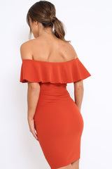 Rust Frill Bardot Midi Dress - Bridget-Dresses
