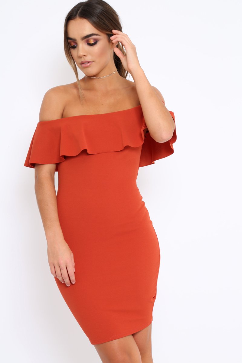 Rust Frill Bardot Midi Dress - Bridget-Dresses