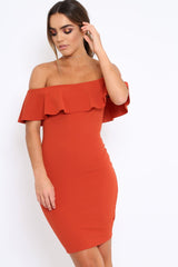 Rust Frill Bardot Midi Dress - Bridget-Dresses