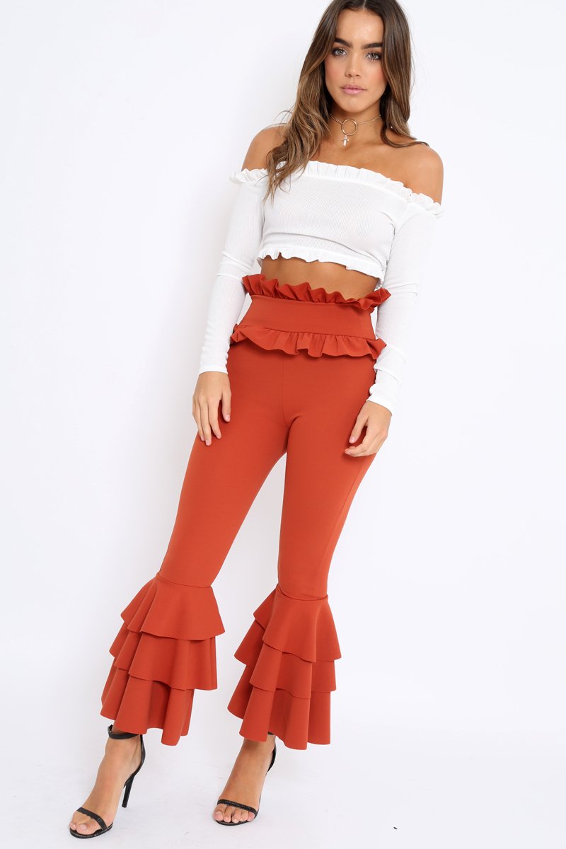 Rust Frill Hem Triple Tiered Frill Hem Trousers - Karla-Trousers