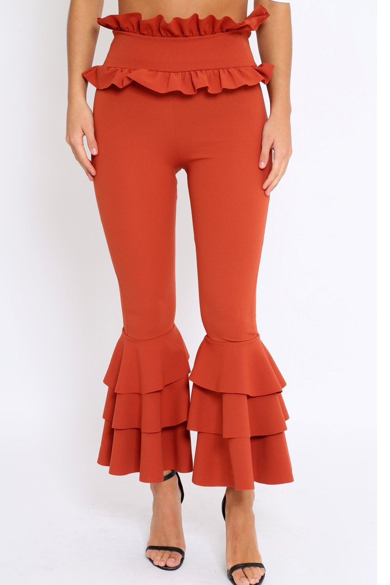 Rust Frill Hem Triple Tiered Frill Hem Trousers - Karla-Trousers