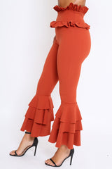 Rust Frill Hem Triple Tiered Frill Hem Trousers - Karla-Trousers
