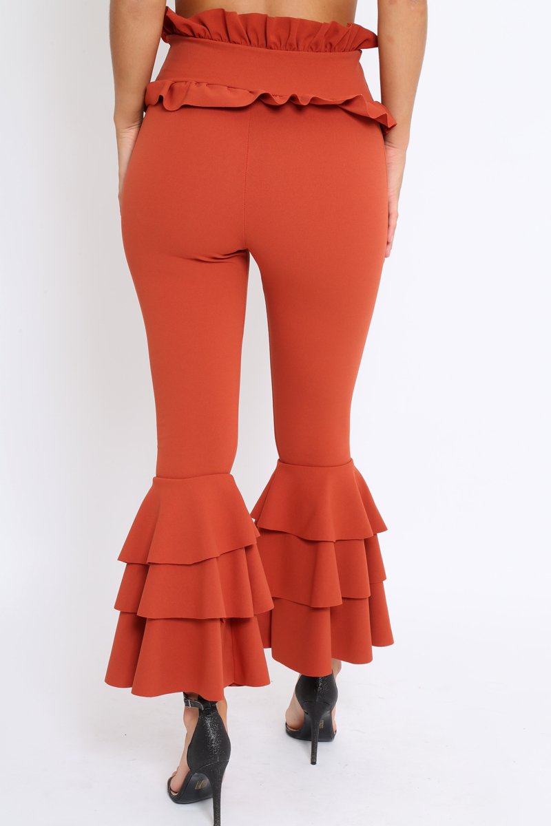 Rust Frill Hem Triple Tiered Frill Hem Trousers - Karla-Trousers