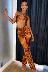 Rust Satin Straight Leg Trousers - Rose