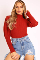 Rust High Neck Balloon Sleeve Jumper - Harriet-Jumper