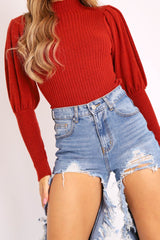 Rust High Neck Balloon Sleeve Jumper - Harriet-Jumper