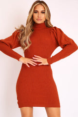 Rust High Neck Balloon Sleeve Knitted Dress - Ginna-Dresses