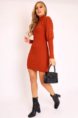Rust High Neck Balloon Sleeve Knitted Dress - Ginna-Dresses