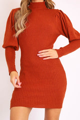 Rust High Neck Balloon Sleeve Knitted Dress - Ginna-Dresses