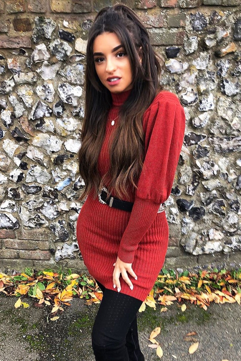 Rust High Neck Balloon Sleeve Knitted Dress - Ginna Rust High Neck Balloon Sleeve Knitted Dress - Ginna