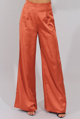 Rust High Waisted Satin Trousers - Alexia-Trousers