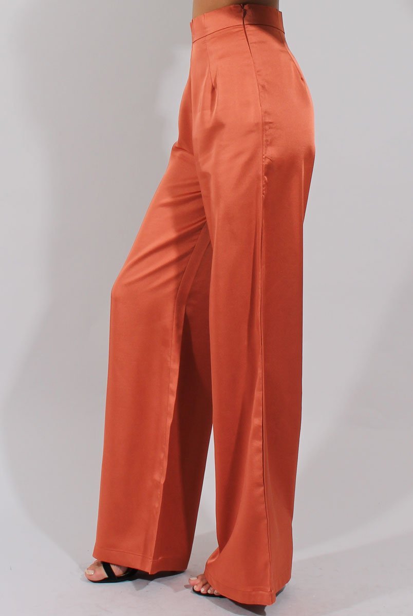 Rust High Waisted Satin Trousers - Alexia-Trousers