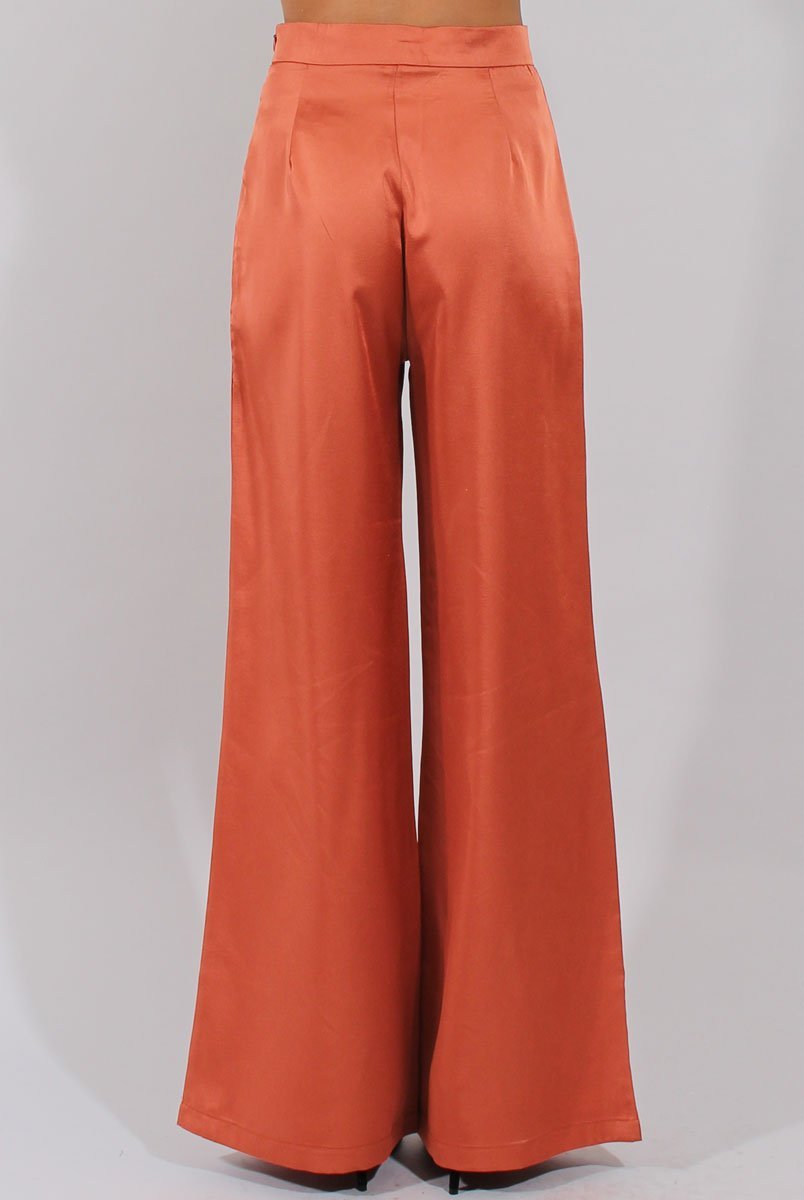 Rust High Waisted Satin Trousers - Alexia-Trousers