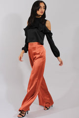 Rust High Waisted Satin Trousers - Alexia-Trousers