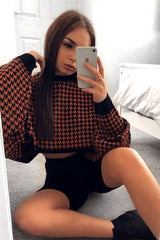 Rust Hounds Tooth Cropped Batwing Jumper - Lizy-Crop Jumper