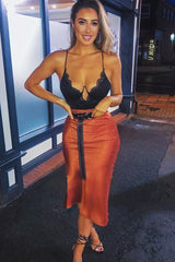 Rust Jacquard Printed Satin Midi Skirt - Taija-Skirts