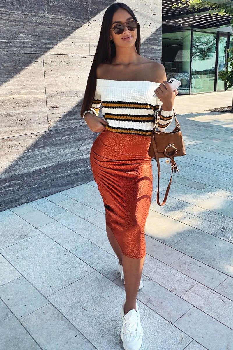 Rust Jacquard Printed Satin Midi Skirt - Taija-Skirts