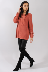 Rust Knit Lace Up Long Line Jumper - Cassie-Jumper