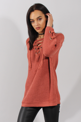 Rust Knit Lace Up Long Line Jumper - Cassie-Jumper