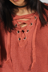 Rust Knit Lace Up Long Line Jumper - Cassie-Jumper