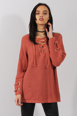 Rust Knit Lace Up Long Line Jumper - Cassie-Jumper