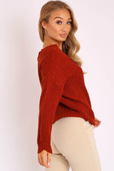 Rust Knitted Scallop Edge Plunge Neckline Jumper - Lylia-Jumper