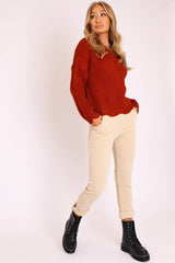 Rust Knitted Scallop Edge Plunge Neckline Jumper - Lylia-Jumper