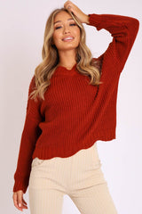 Rust Knitted Scallop Edge Plunge Neckline Jumper - Lylia-Jumper