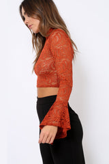 Rust Lace High Neck Crop Top with Key Hole Back - Ellah-Tops