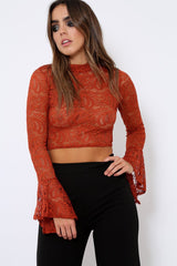 Rust Lace High Neck Crop Top with Key Hole Back - Ellah-Tops