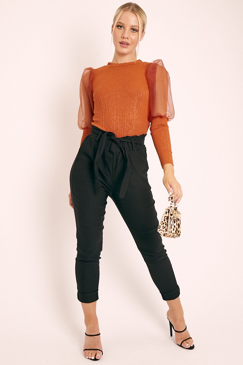 Rust Metallic Puff Sleeve High Neck Top - Blaike-Tops
