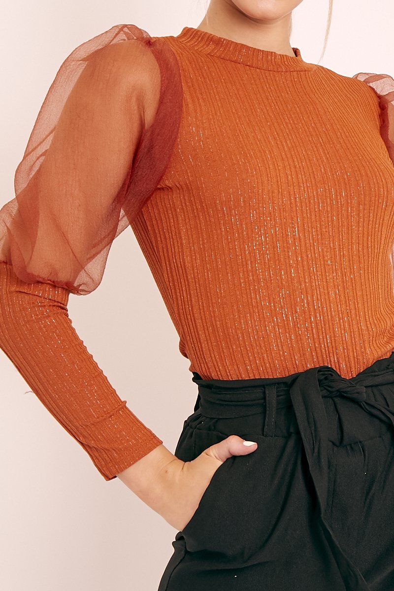 Rust Metallic Puff Sleeve High Neck Top - Blaike-Tops
