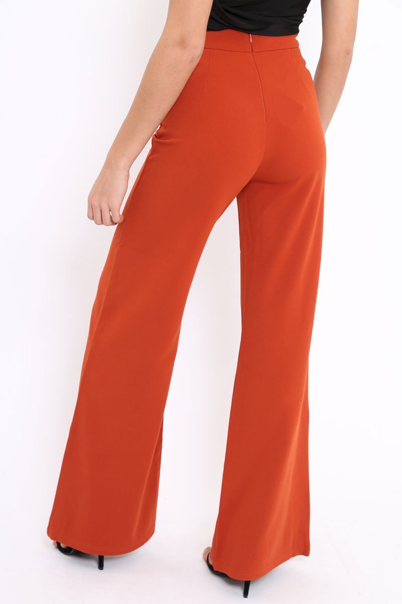 Rust Orange High Waist Flare Trousers -Tisha-Trousers