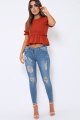 Rust Peplum Frill Detail Top - Carly-Tops