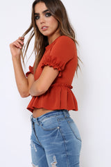 Rust Peplum Frill Detail Top - Carly-Tops