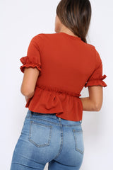 Rust Peplum Frill Detail Top - Carly-Tops