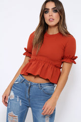 Rust Peplum Frill Detail Top - Carly-Tops