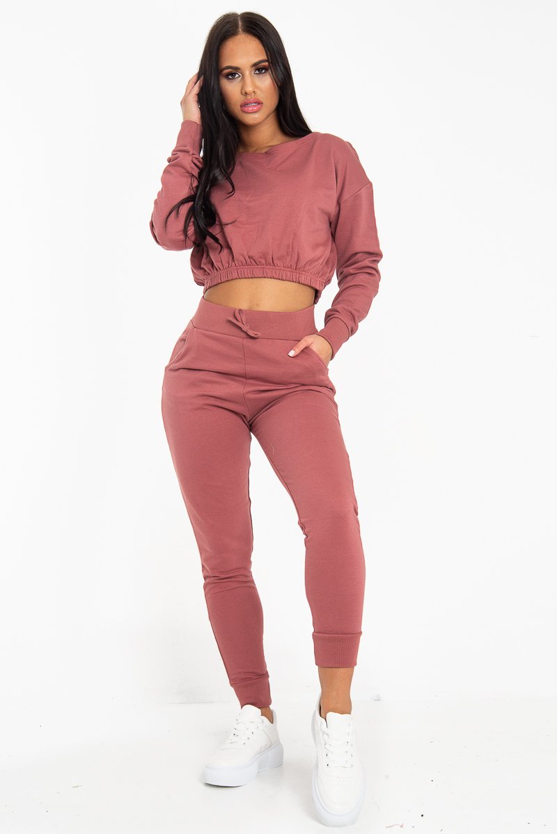 Rust Pink Elasticated Cropped Top and Jogger Set - Kruz-Tracksuits