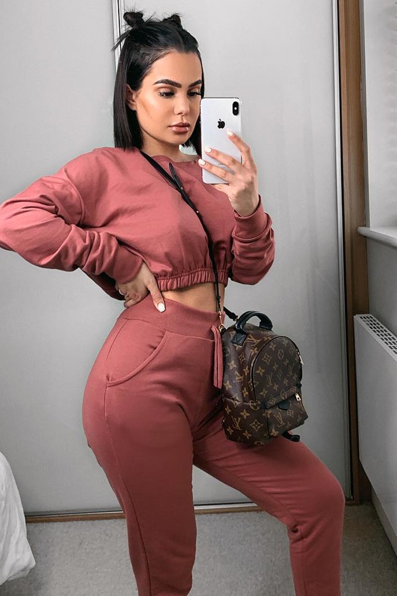 Rust Pink Elasticated Cropped Top and Jogger Set - Kruz-Tracksuits