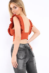 Rust Plunge Ruffle Crop Top - Sofia-Crop Tops